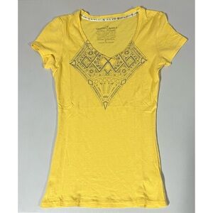 Yellow Boho Bohemian Tribal Graphic V-Neck Short Sleeve Shirt Top Tee Size S 💛✨